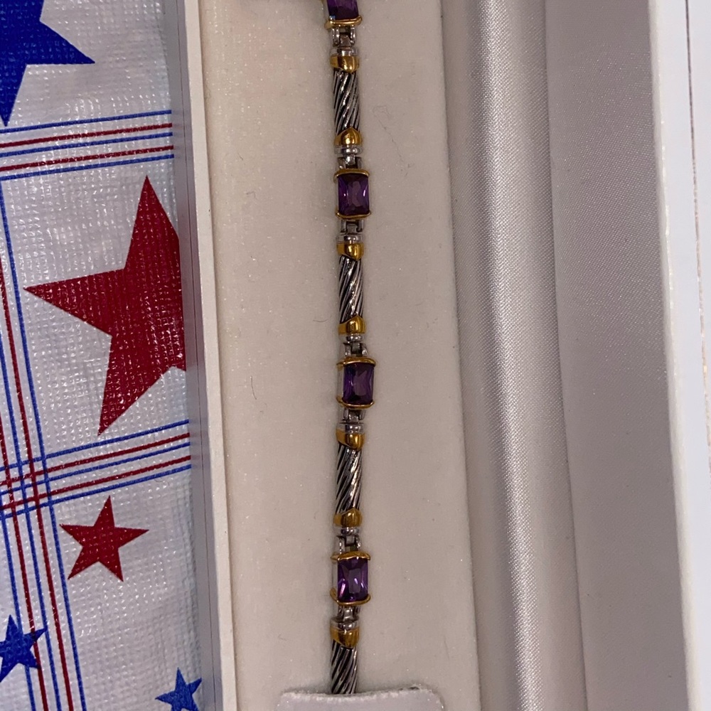 Silver and gold bracelet with purple stones